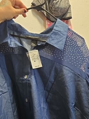 Ashley Stewart Navy Blue Button-Down Shirt with Studded Shoulders